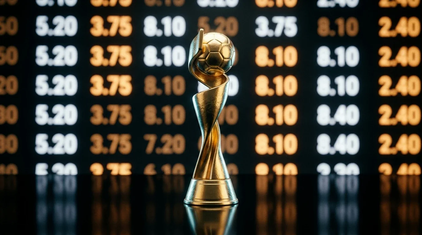 Trophée doré de football posé sur fond sombre avec un tableau de cotes lumineux en arrière-plan