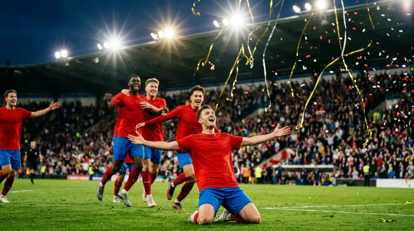 Joueurs en maillot rouge espagnol célébrant un but sous les projecteurs du MetLife Stadium, confettis dorés