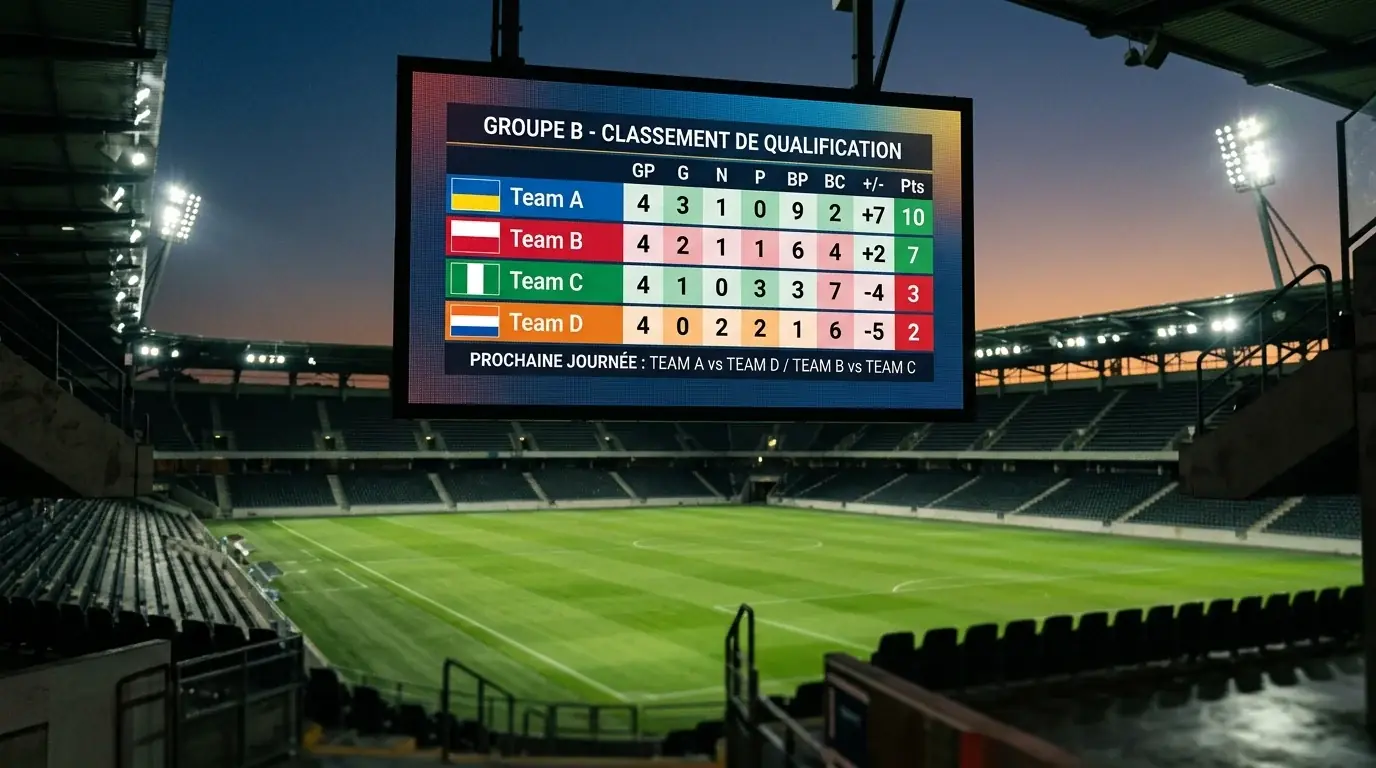 Tableau de classement d'un groupe de Coupe du Monde affiché sur écran géant dans un stade