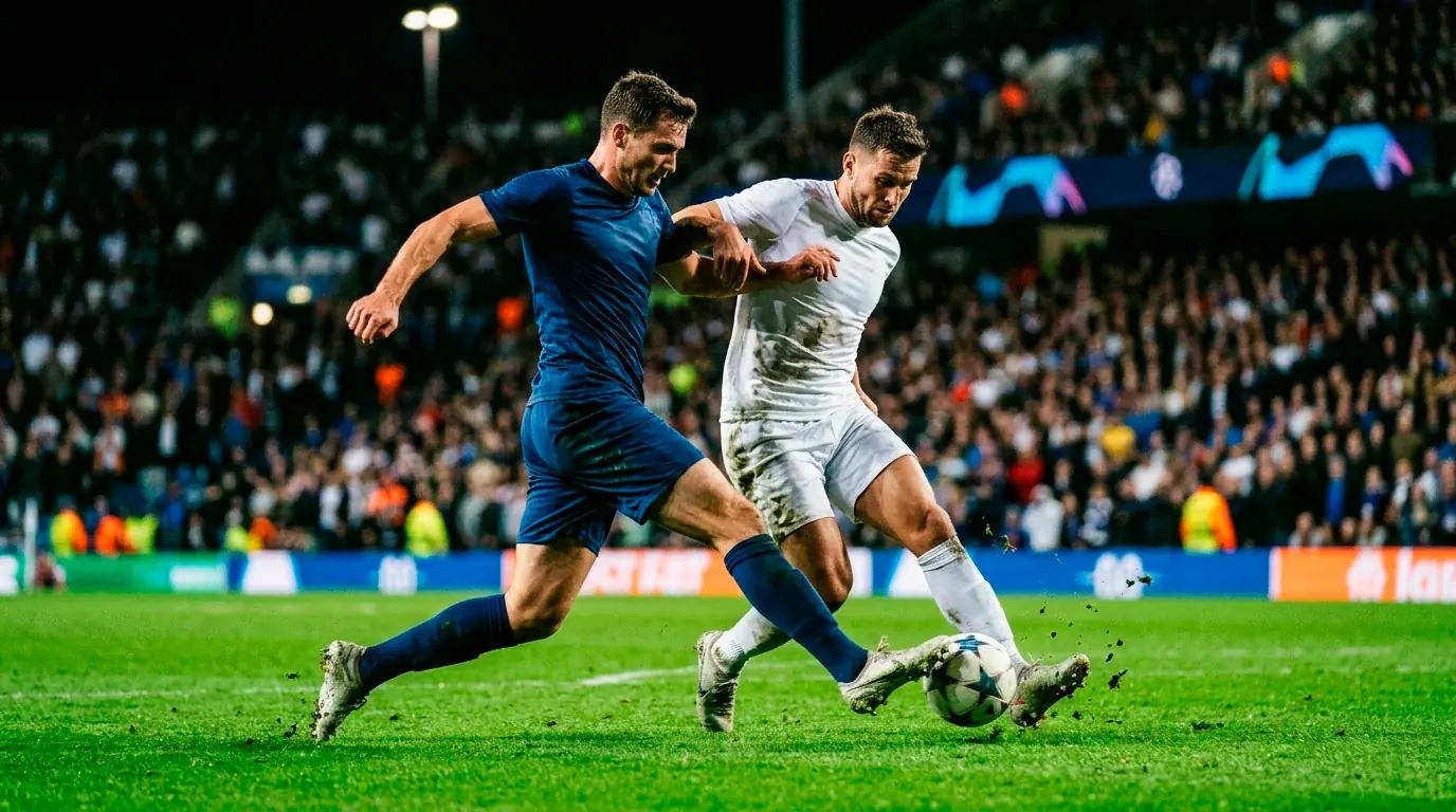 Deux joueurs de football en duel lors d'un match international sous les projecteurs du stade