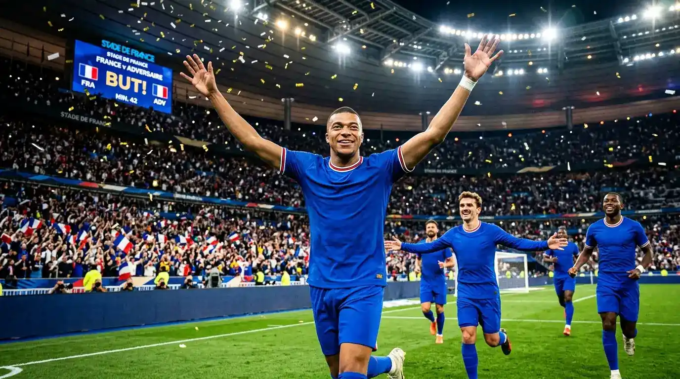 Attaquant français célébrant un but, bras levés, maillot bleu tricolore, stade rempli en arrière-plan, confettis
