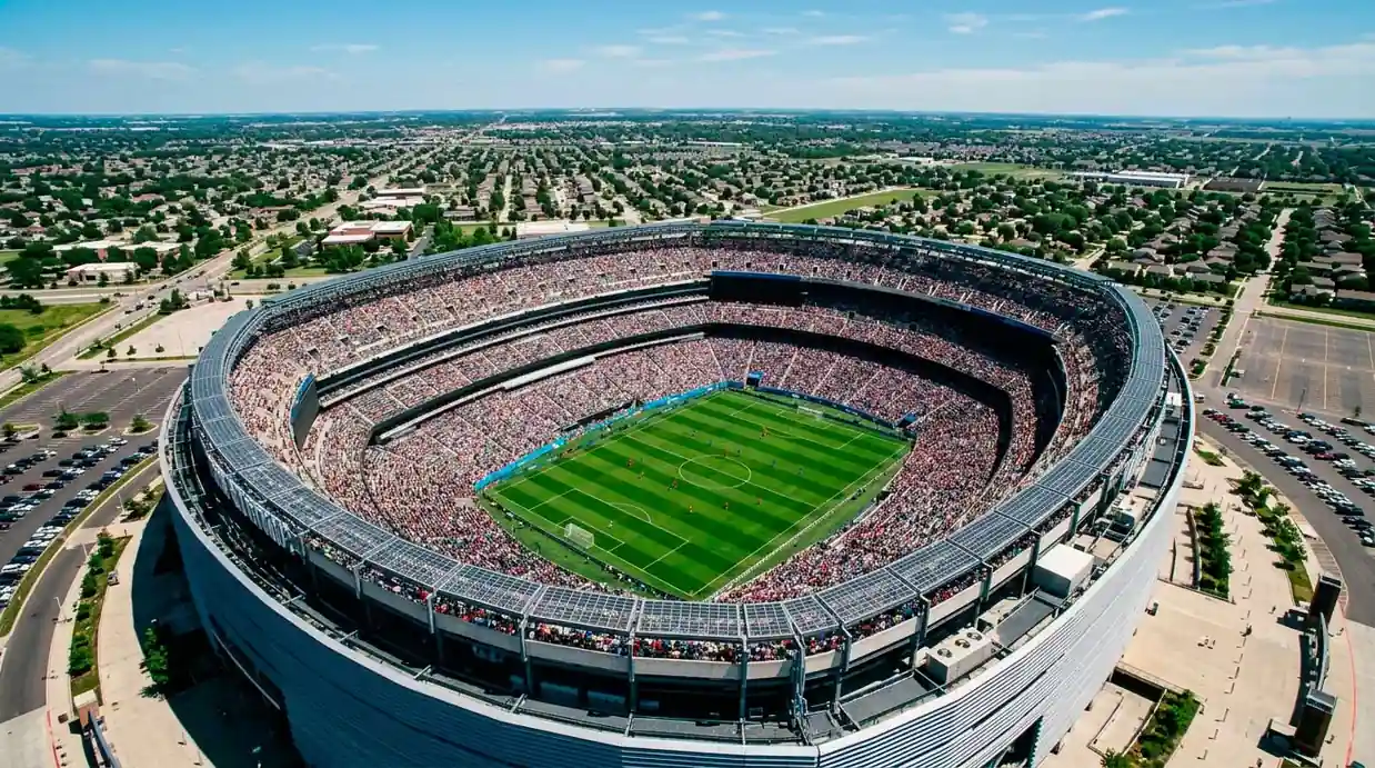Vue aérienne d'un grand stade de football américain rempli de supporters avant un match de la Coupe du Monde 2026