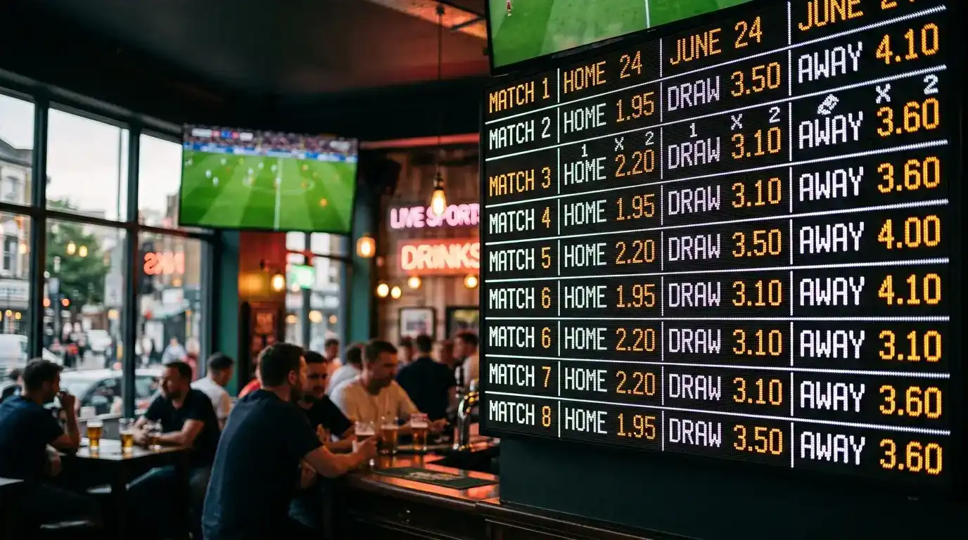 Tableau d'affichage de paris sportifs avec plusieurs matchs de football et leurs cotes dans une ambiance de soirée