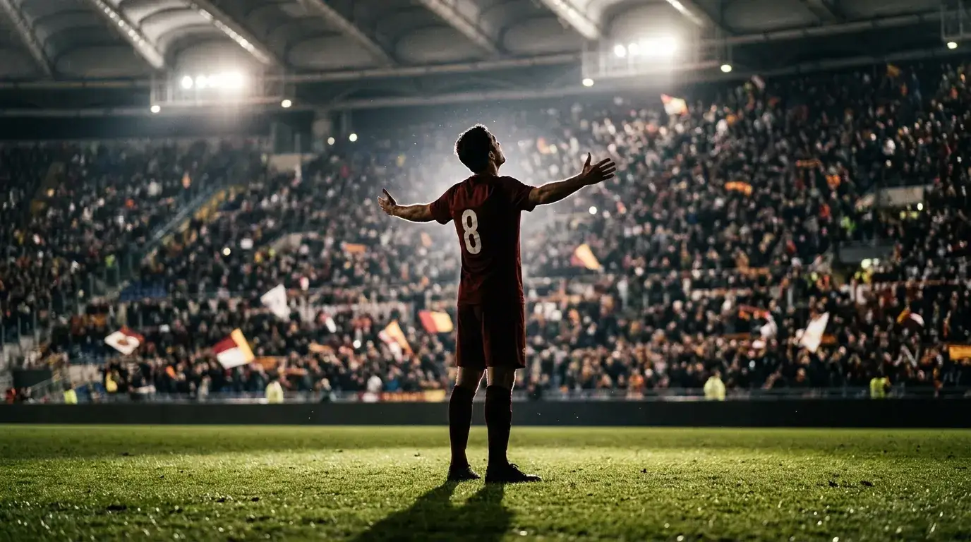 Footballeur expérimenté isolé sur la pelouse, ovation du public en fond