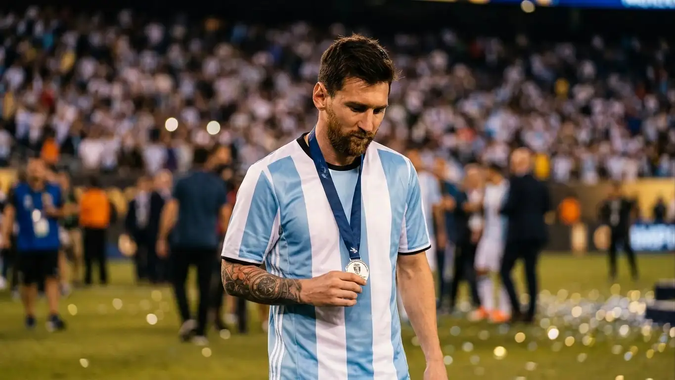 Lionel Messi en maillot argentin, tête basse, regard au sol, dans une lumière chaude de stade, moment émotionnel