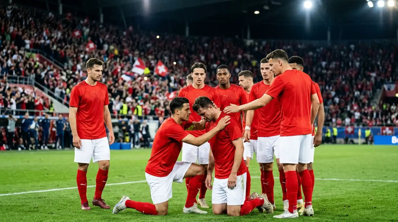 Joueurs suisses en maillot rouge, l'un consolant l'autre, tête basse, dans un stade plein sous les projecteurs