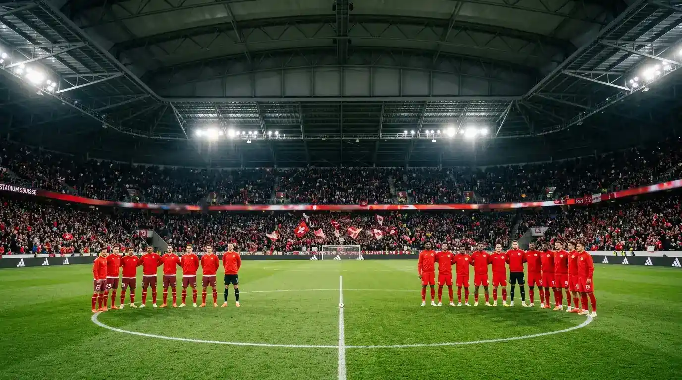 Joueurs en maillot rouge suisse face à une équipe en rouge canadien dans un stade couvert, ambiance de match décisif